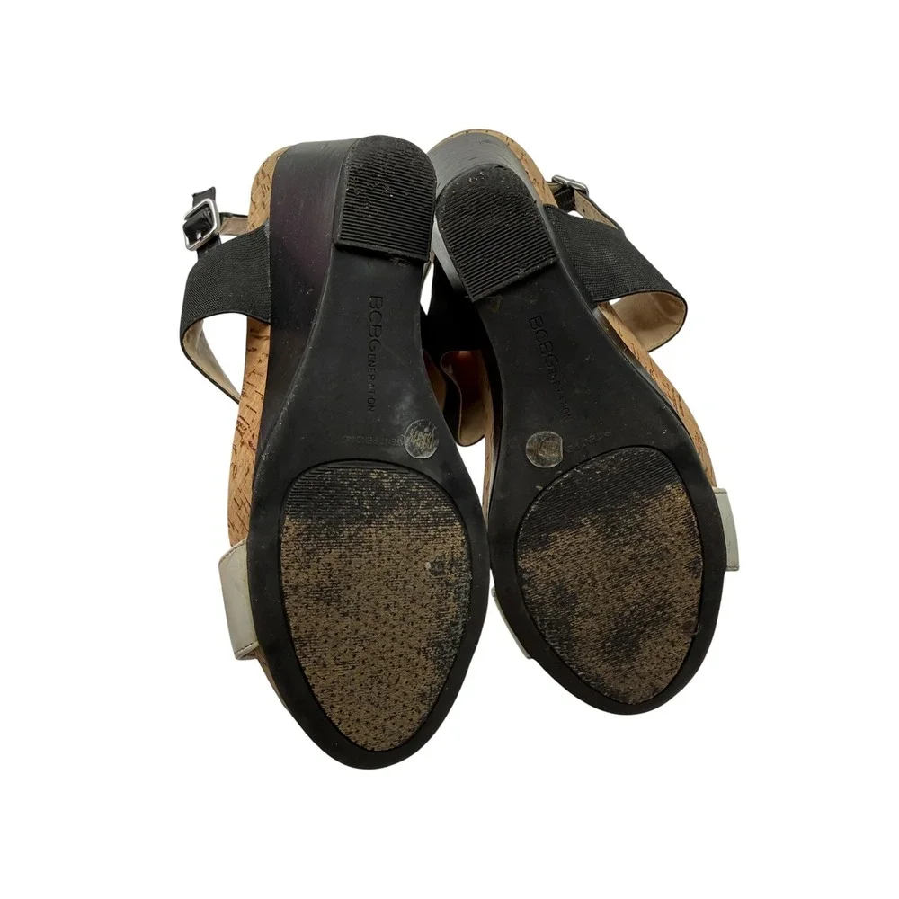 BCBGeneration Heels Women's 7.5B Black Cream Strappy Sandals‎ Cork Platform